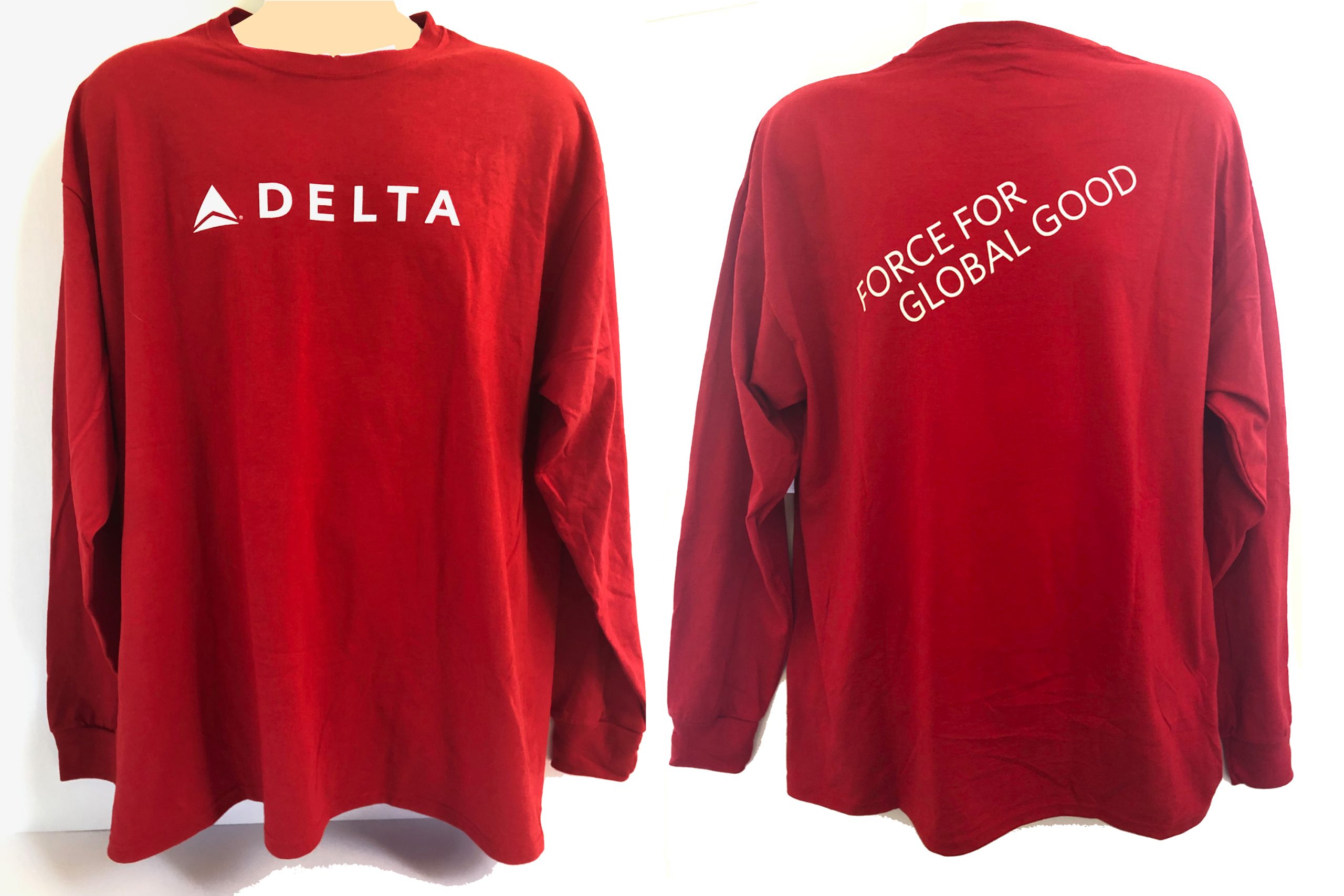 DLRed-FrontBack-scaled-1.jpg Delta "Force for Global Good" Longsleeve T-Shirt - Image 1